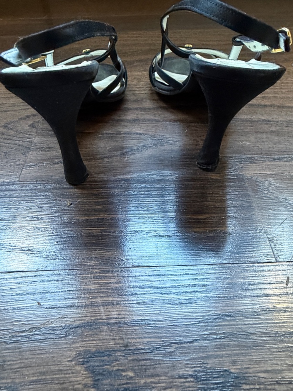 MOSCHINO VINTAGE Y2K Black Satin Sandal Heel Shoe Gold Heart Accent Eu 38 Sz 8 - Picture 7 of 10